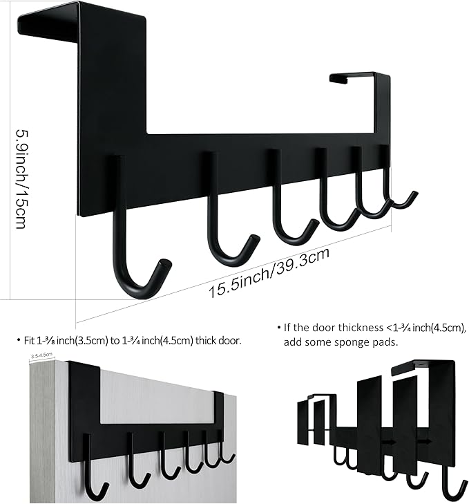 WEBI Over The Door Hooks Door Hanger,Over Door Towel Rack with 6 Hooks,Door Coat Hanger Over Door Coat Rack for Clothes,Black,2 Packs