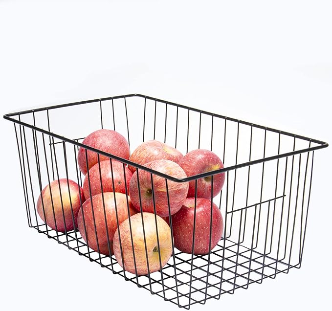 16inch Freezer Wire Storage Organizer Baskets, Household Refrigerator Bins with Built-in Handles for Cabinet, Pantry