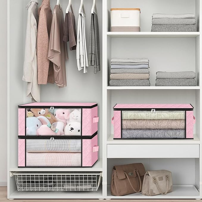 HomeHacks Storage 6-Pack Clothes Organizer Storage Bags Foldable Storage Box with Large Clear Window Sturdy Handles for Closet, Dorm, Pillows, Bedding, Clothes, Blankets, 35L, Pink-NeatNest