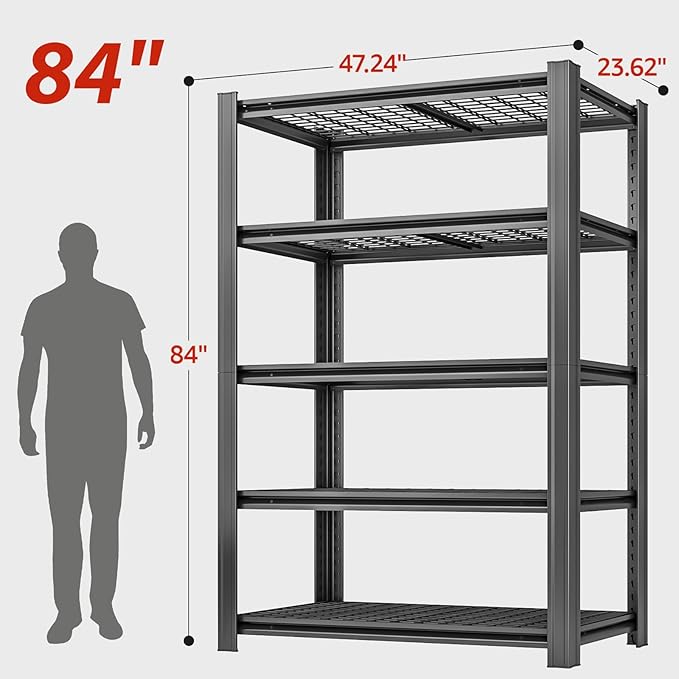 5 Tier Metal Garage Shelves, 84" H x 47.24" W x 24" D, 3000LBS Storage Heavy Duty Garage Shelving, Adjustable Shelving Unit for Warehouse, Basement, Kitchen, Store Display, Black-NeatNest