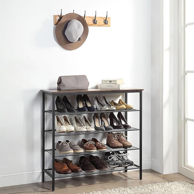 5-Tier Shoe Rack Organizer, Metal Mesh Shoe Storage Shelf, for Entryway, Hallway, Closet, Dorm Room, Industrial, Rustic Brown-NeatNest
