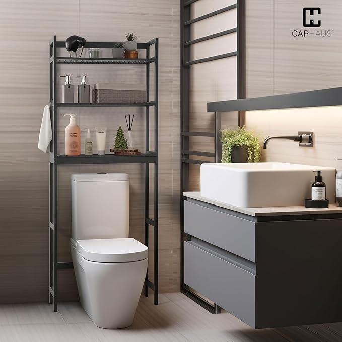 CAPHAUS Over The Toilet Storage Shelf,3-Tier Over-The-Toilet Shelf Rack with Adjustable Feet & Hooks, Freestanding Bamboo Toilet Shelf, Bathroom & Laundry Organizer, Balcony Plant Stand, Black-NeatNest