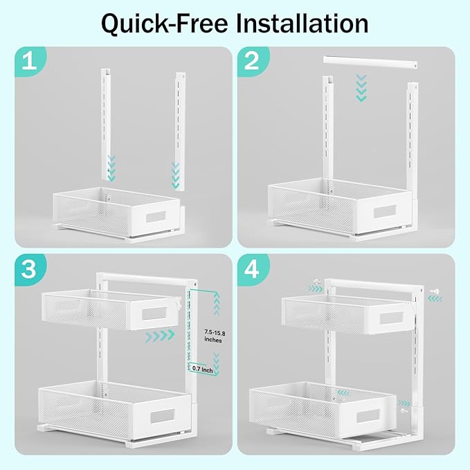 Under Sink Organizer Adjustable Height 2 Tier Bathroom Organizer Pull Out Cabinet Organer kitchen organizers and storage fridge organizers and storage,White,XL-1 Pack-NeatNest