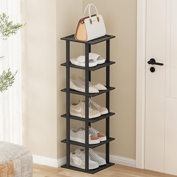 6-Tier Free Standing Shoe Racks, Bamboo Wood Shoe Rack for Entryway & Closet, Beautiful | Natural | Functional | Sturdy Shoe Rack Small Shoe Shelf for Small Spaces and Narrow Spaces Black-NeatNest