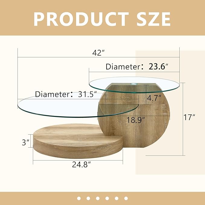 Glass Coffee Tables Round Coffee Tables for Living Room Modern 3 Tier Round Table Circle Coffee Table for Small Space Home Office (42 Inch Light Wood)