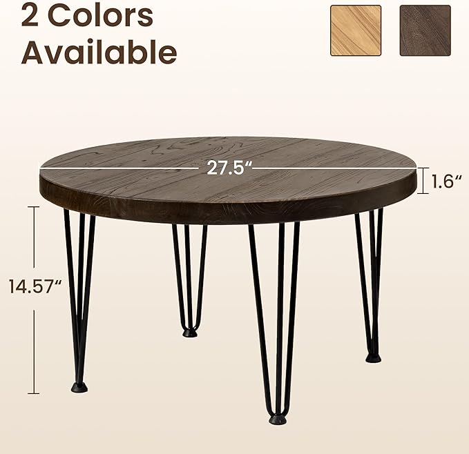 Fun Memories Round Coffee Table - Elm Wood Nesting Table with Metal Legs & Non Slip Feet Base - Rustic Nesting End Tables for Living Room Bedroom - 27.5" D x 27.5" W x 16" H - Walnut Color
