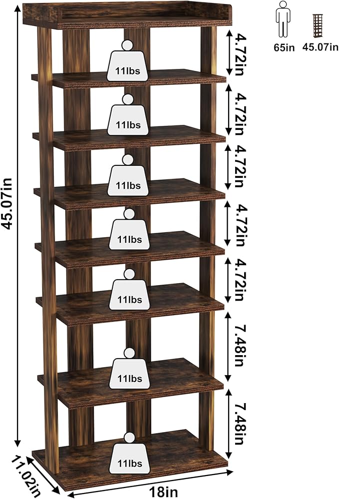 HOMEFORT 7-Tier Wood Shoe Rack, Double Rows Shoe Shelf, Shoe Storage Stand, Entryway Shoe Tower, Vertical Shoe Organizer for Narrow Closet, Entryway, Hallway, Rustic Brown-NeatNest