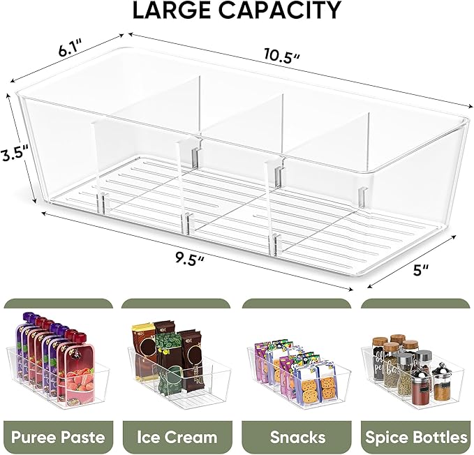 BALEINE Pantry Organizers and Storage Bins, Plastic Clear Storage Bins with 3 Removable Dividers, BPA-Free Fridge Organizers for Kitchen Cabinet Bathroom (10.5x6.1x3.5, 4PK)-NeatNest