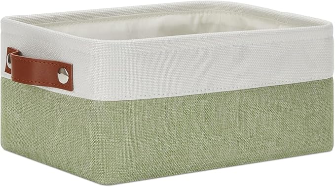 DULLEMELO Small Storage Basket, Fabric Collapsible Gift Storage Basket for Shelves, Closets, Nursery, Home, Office Organizing, Small Canvas Linen Rectangular Storage Bin with Handles (White&Green)-NeatNest