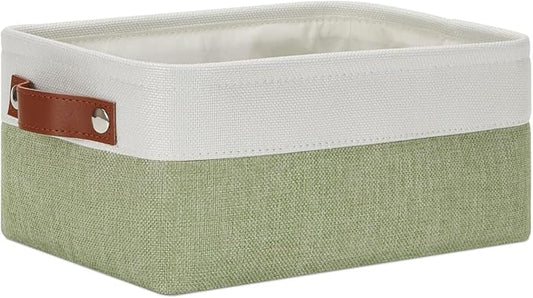 DULLEMELO Small Storage Basket, Fabric Collapsible Gift Storage Basket for Shelves, Closets, Nursery, Home, Office Organizing, Small Canvas Linen Rectangular Storage Bin with Handles (White&Green)-NeatNest