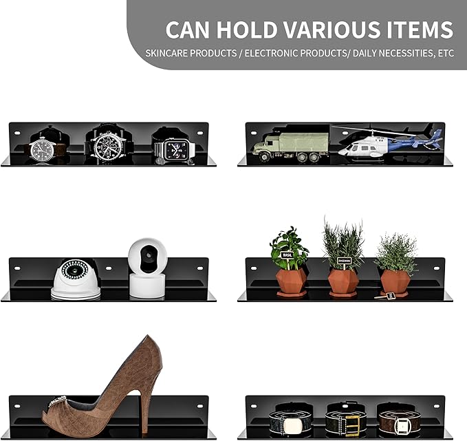16 Inches Black Acrylic Wall Shelves 2 Pack, L Shape Floating Shelf, Acrylic Corner Shelf for Model Car, Candle, Calendar, Towel, Toiletries, Moisture-Proof, 4'' Depth-NeatNest