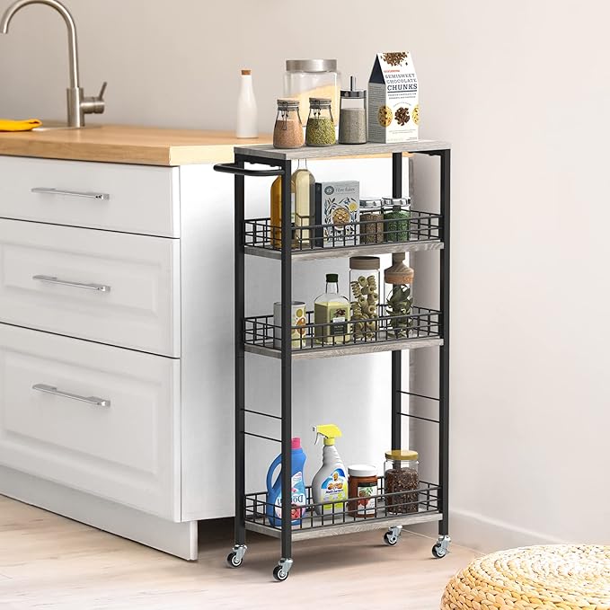 4 Tier Slim Storage Cart Narrow Laundry Cart on Wheels Utility Kitchen Rolling Cart with Wood Tabletop Mobile Shelving Unit Bathroom Storage Organizer Slide Out Rolling Tower for Narrow Spaces-NeatNest
