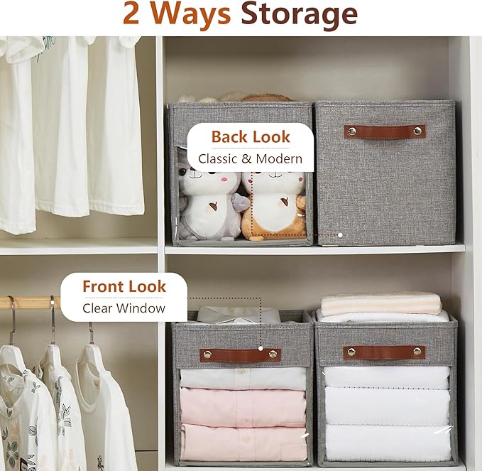Storage Cube Organizer with Clear Window, Linen Collapsible Storage Boxes with PU Handles, Cube Storage Bins for Shelf, Closet, Cabinet, Bookcase (10.5x10.5x11, Gray)-NeatNest