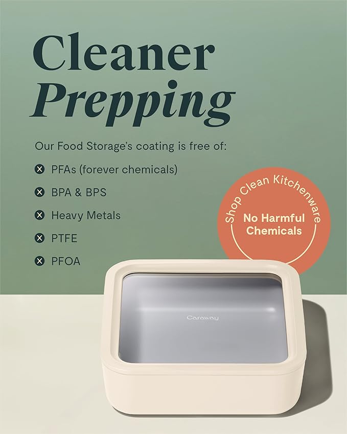 Caraway Glass Food Storage, 10 Cup Glass Container,Ceramic Coated Food Container,Easy to Store, Non Toxic, Non Stick Lunch Box Container with Glass Lids. Dishwasher, Oven,Square Shape,Sage-NeatNest