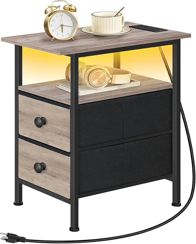 HOOBRO Narrow Side Table with LED Light and USB C Port, Night Stand with Charging Station, Skinny End Table with 2 Fabric Drawers, for Bedroom, Living Room, Greige and Black BG486UDBZ01