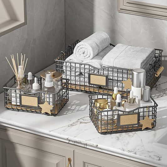 Bathroom Tray Organizers and Storage, 3 Pack Storage Baskets with Wooden Handles, Multipurpose for Bathroom, Coffee Bar, Kitchen cabinet, Living Room - Grey-NeatNest