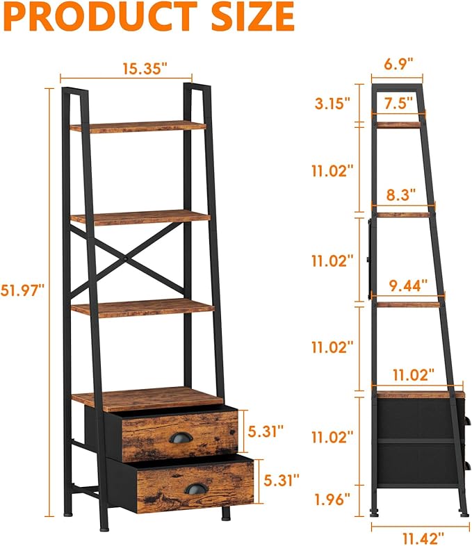 Furologee 4-Tier Ladder Shelf,Small Bookshelf with 2 Drawers,Vertical Bookcase Storage Rack Organizer,Rustic Bookshelves for Living Room,Bedroom,Bathroom,Home Office,Kitchen,Rustic Brown