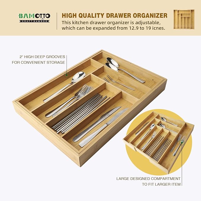 Expandable Bamboo Drawer Organizer – Large 20"x16.9" Size with Adjustable Dividers – for Kitchen Utensils, Knives, Cutlery, Flatware & Silverware Storage Tray-NeatNest