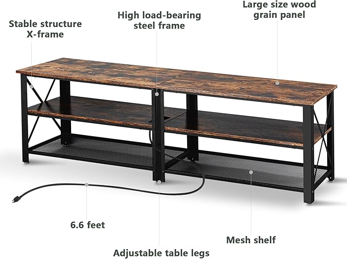 Clikuutory Modern Brown 63 inch Metal TV Stand with LED Lights and Power Outlets for 40 50 55 60 65 70 Inch TVs, 3 Tier Television Stands with Entertainment Center and Storage for Living Room, Bedroom-NeatNest