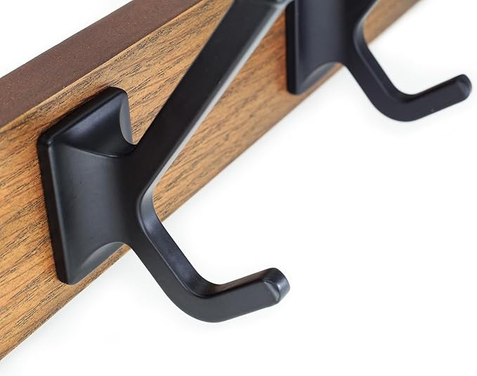 creathome Dual-Purpose Wooden Hanger with 4 Robben Hooks Classic Color, Behind/Over The Door Towel Rack for Bathroom, Heavy Duty Wall Mounted Coat Rack, No Drilling