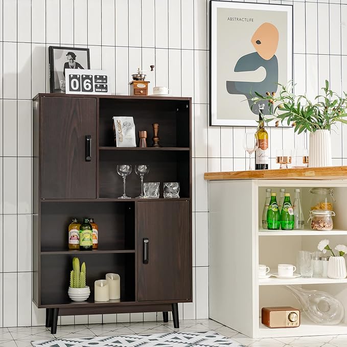 Giantex Storage Cabinet with Legs, Floor Cabinet with Doors, Shelves, Anti-Tipping Device, 4-Tier Bookshelf for Books & Photos, Tall Cupboard in Living Room, Kitchen Buffet Sideboard (Brown)