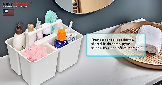 Shower Caddy Organizer with Handle, 3 Compartments, Portable Storage Bin for Bathroom, Dorm, Gym -Made In USA (Ivory)