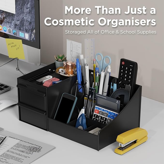 Makeup Organizer Countertop, Vanity Organizer with Drawers for Cosmetics, Skincare, Brushes, Perfume, Skincare Organizer for Vanity, Perfume Organizer for Dresser, Bathroom (Black&2 Drawers)-NeatNest