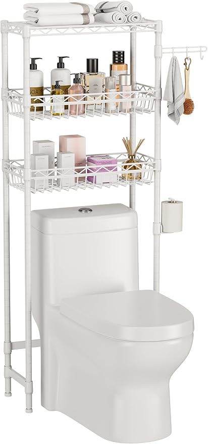 3-Tier Over-The-Toilet Storage Shelf,Heavy-Duty Adjustable Bathroom Rack with 2 Mesh Baskets,Toilet Paper Holder & Hooks,Space-Saving Organizer for Bathroom,10”D x 24”W x 66”H,White