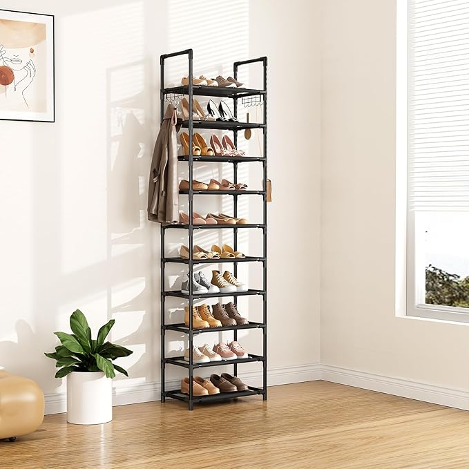 10 Tiers Shoe Rack 20-25 Pairs Large Capacity Tall Shoe Organizer Sturdy Shoe Storage with Two Hooks Metal Narrow Shoe Rack for Closet, Entryway, Bedroom, Black-NeatNest