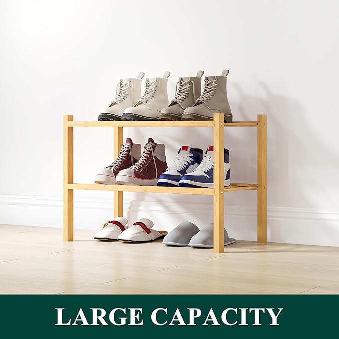 Smiry Shoe Rack, 2 Tier Small Bamboo Shoe Organizer, Stackable Free Standing Wooden Shoe Storage Shelf for Closet, Entryway, Front Door Entrance, Natural-NeatNest
