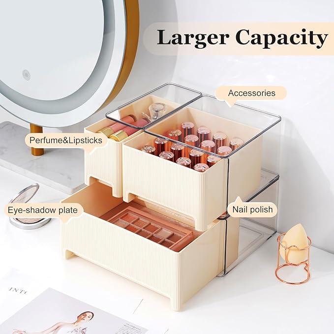Stackable Makeup Organizer, 3 Pack Plastic Drawer Storage with Handle for Vanity Bathroom Countertop, Cream-NeatNest