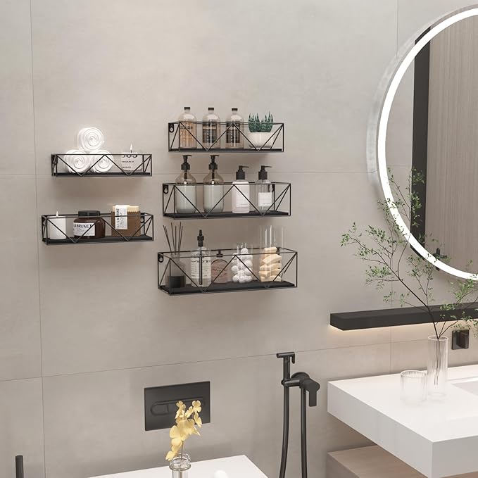 CRUGLA Black Floating Shelves Wall Mounted Set of 5, Hanging Storage Wall Shelf for Bathroom, Bedroom, Living Room, Kitchen-NeatNest