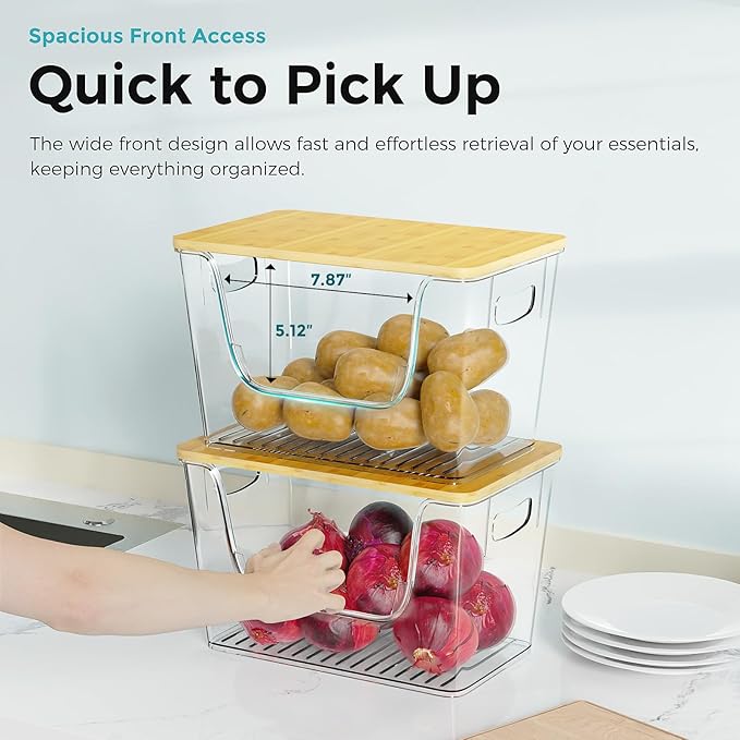 4 Set Kitchen Pantry Organizers and Storage,Potato Onion Storage Bin,Clear Open Front More Easy Access with Bamboo Top,Stackable Storage Fruit Vegetable Basket for Kitchen Counter-NeatNest