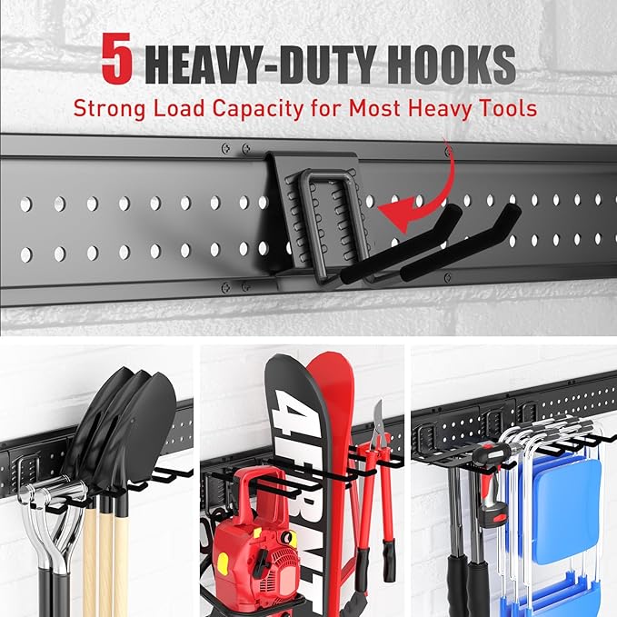Garage Tool Organizer Wall Mount 64 inches with 13 Adjustable Heavy-Duty Hooks, Garage Organization, Garden Tool Storage Rack, Yard, and Shed, Holds Up to 520 lbs