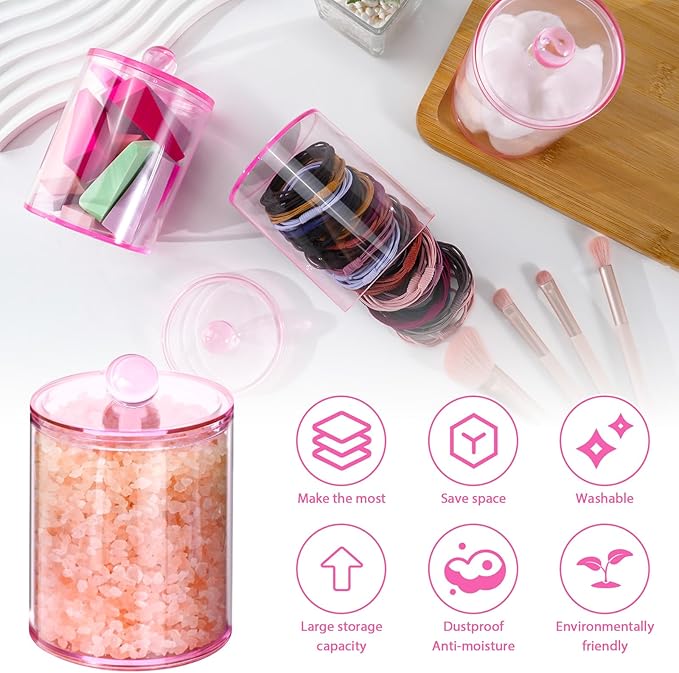 Qtip Holder Dispenser, 2 Pack 10 oz, 12 oz Plastic Apothecary Jar Set for Bathroom Canister Storage Organization,Vanity Makeup Organizer for Cotton Swab, Ball, Pads, Floss.(Pink)
