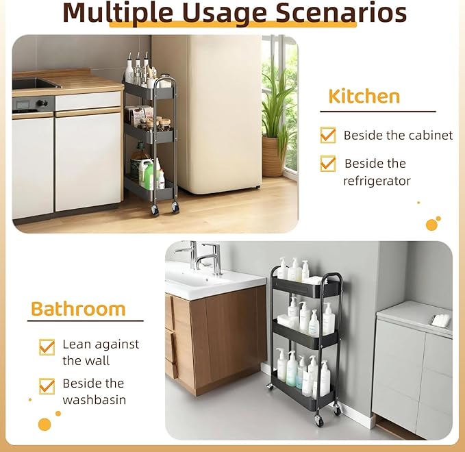 3 Tier Slim Metal Rolling Storage Cart for Laundry Room Storage & Kitchen Organizer, 7.1'' Wide Thin Shelf for Narrow Spaces, Rolling Cart with Wheels & Lockable Casters for Bathroom, Black
