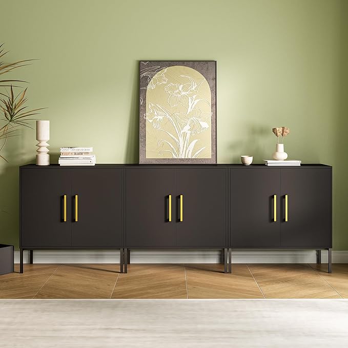 JOZZBY Set of 3 Storage Cabinet, Sideboard Buffet Storage, Modern Living Room Cabinet, Black Side Cabinets for Bedroom, Kitchen, and Hallway