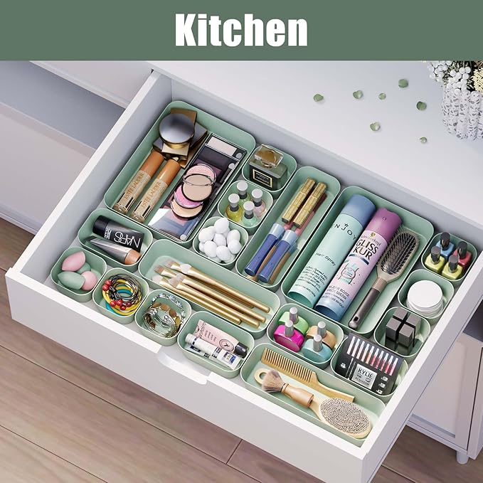 Plastic Drawer Organizers, 10 PCS Drawer Organizer Bins, Bathroom and Vanity Organizer Plastic Tray, Makeup organizer and storage for Makeup, Bedroom, Kitchen Gadgets Utensils and Office (Green)-NeatNest