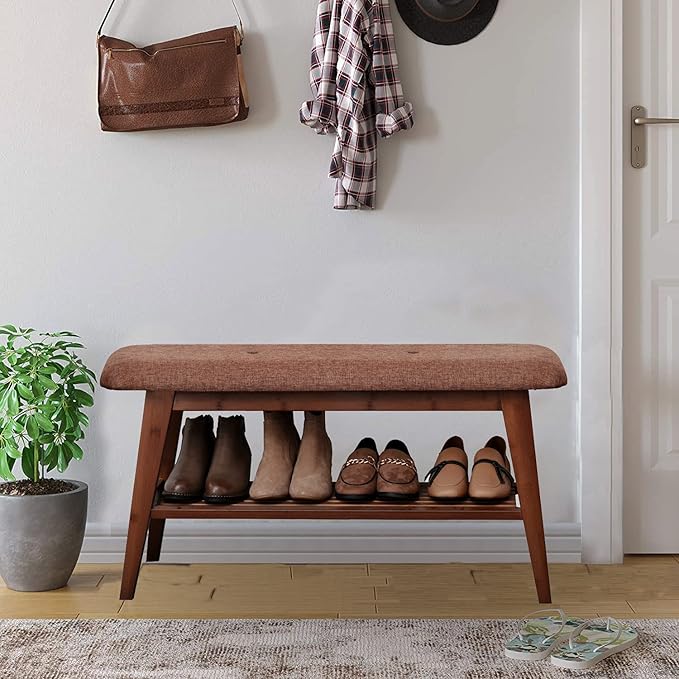 Shoe Entryway Bench, Bamboo Shoe Rack Bench, Organizer with 2 Tier Storage Simple Style Good Load Bearing, Ideal for Entryway Hallway Living Room,(Brown,35.4'')-NeatNest
