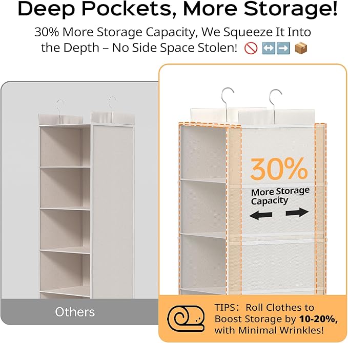 Extra Deep Hanging Closet Organizer with Shelves and Oversized Mesh Pockets, Heavy-Duty Structure, No Deformation, Max Storage for Clothes, Shoes, Hats, Dorms and RVs,1-Pack (White, 5 Tier)-NeatNest