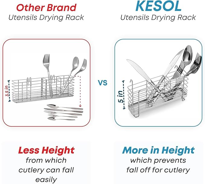 KESOL Sturdy 304 Stainless Steel Utensil Drying Rack Basket Holder with Hooks 3 Divided Compartments, Rust Proof, No Drilling-NeatNest