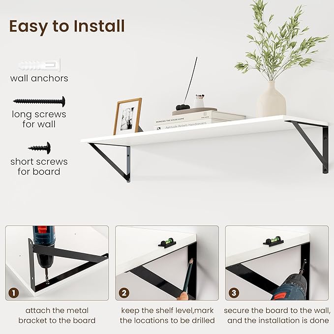 Fun Memories Deep Floating Shelves for Wall, 36W x 8D Wall Mounted Shelves Set of 2, Wide Display Ledge Shelf with Sturdy Metal Brackets for Living Room, Bathroom, Bedroom and Kitchen, White-NeatNest