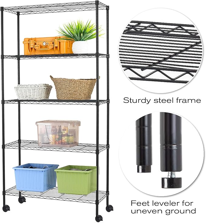 5-Tier Wire Shelving Unit Storage Shelves with Wheels Metal Shelves 60"x30"x14 Heavy Duty Metal Storage Rack NSF Height Adjustable for Home Kitchen Bathroom Garage Pantry Organization(Black)