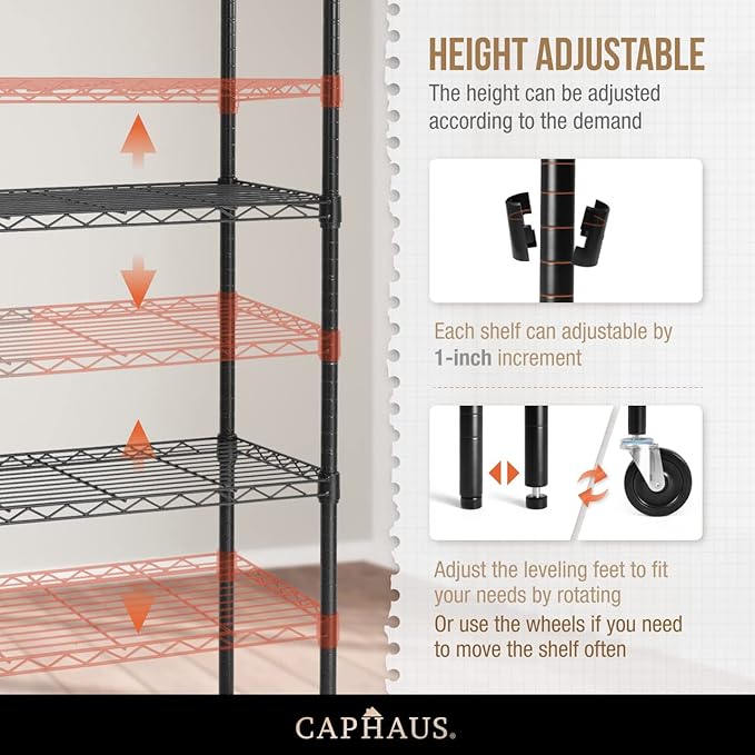CAPHAUS NSF Heavy Duty Wire Shelving w/Wheels, Leveling Feet & Liners, Storage Metal Shelf, Garage Shelving Storage, Utility Wire Rack Storage Shelves, W/White Clear Liner, 48 x 18 x 76 6-Tier-NeatNest