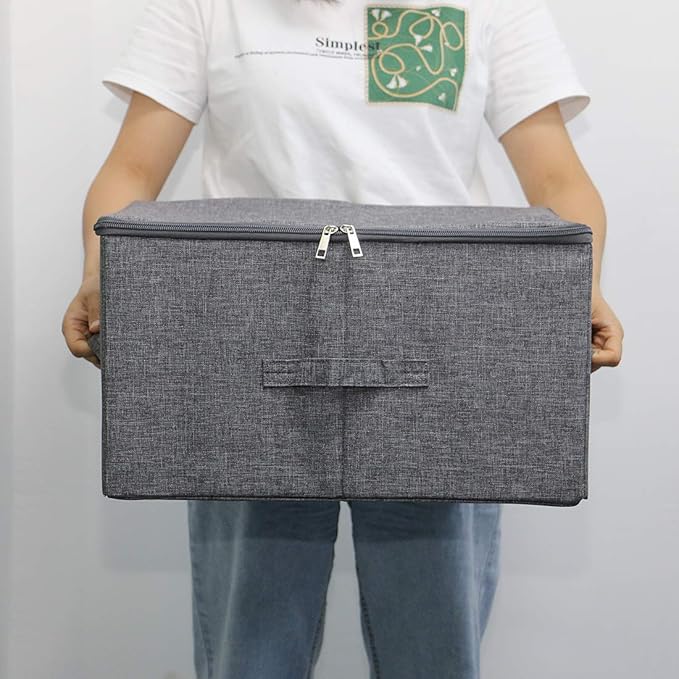 Folding Storage Box with Zip Lid and Handles, Rigid Storage Baskets With Linen Fabric& Plastic Board, Closet Shelf Drawers,Dark Gray, 2 pcs-NeatNest