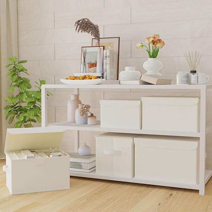 Foldable Storage Bin, Cube Organizer Basket with Flip-Top Lid and 2 Handles, Decorative Boxes for Shelves with Cover for Clothes, Towels, Blanket, 4 Pack, Beige, 13 x 9 x 7.9 In, XSNY12BEM-4-NeatNest