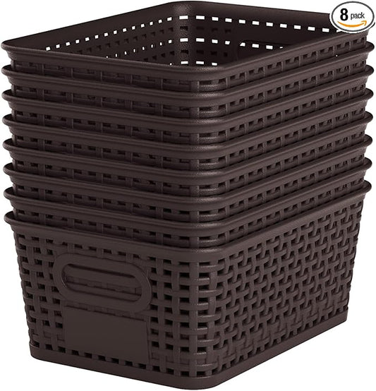 Brown Plastic Storage Baskets - Pack of 8 with Labels Stackable Durable Storage Bins, Storage Containers for Organizing Desktops, Closets, Playrooms, Classrooms, Offices-NeatNest