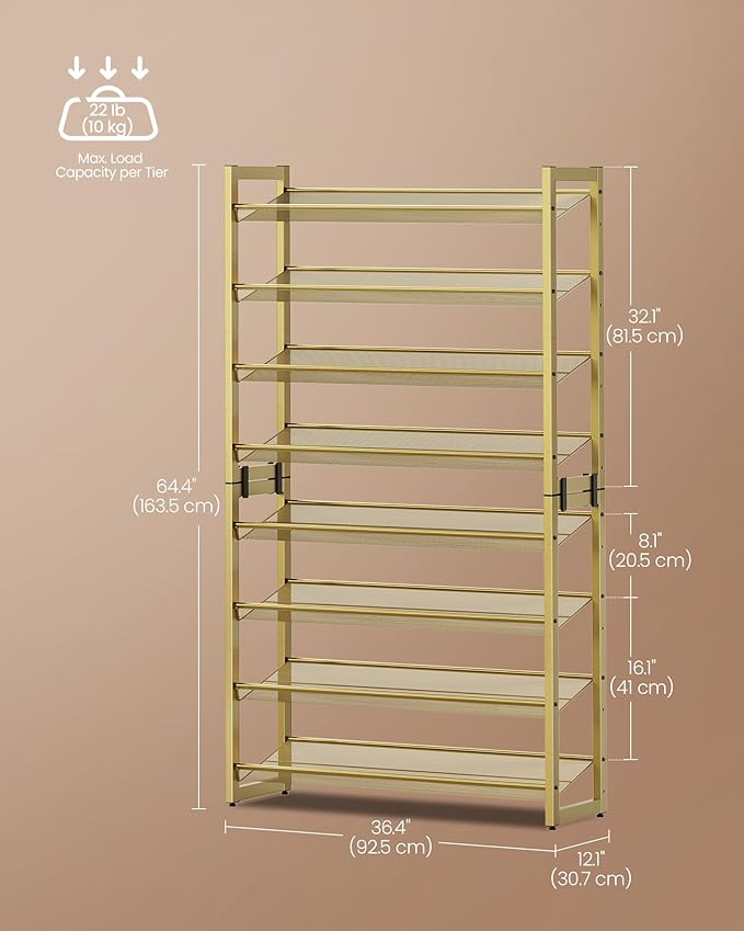 SONGMICS Shoe Rack, 8-Tier Shoe Organizer, Metal Rack for Garage, Set of 2, 4-Tier Stackable Shelf, with Adjustable Flat or Angled Shelves, 32-40 Pairs, Pale Gold ULMR08A02-NeatNest
