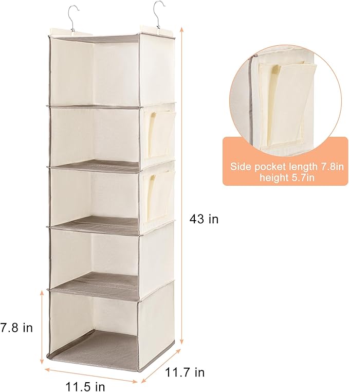 BOOMIBOO Hanging Closet Organize and Shelves，5-Hanging Shelf with 2 Side Pockets，Storage Foldable （Beige）-NeatNest