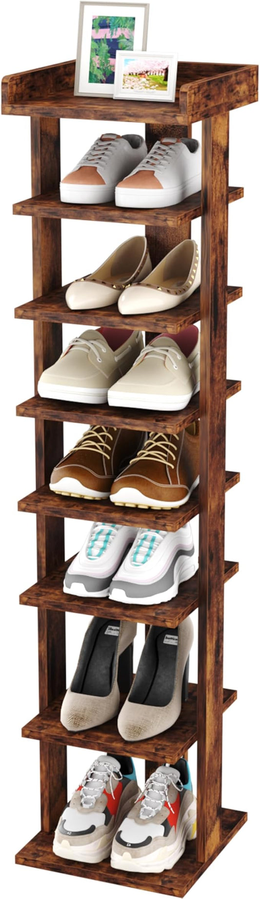 HOMEFORT 7-Tier Wood Shoe Rack, Entryway Shoe Tower,Vertical Shoe Organizer, Wooden Shoe Storage Stand, Rustic Brown-NeatNest